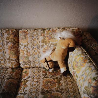 image of a stuffed tan toy horse with white mane and tail and a black harness on a tan couch with orange flowers