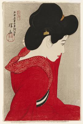 woman in red kimono seen from PR side; PL hand raised to proper left shoulder