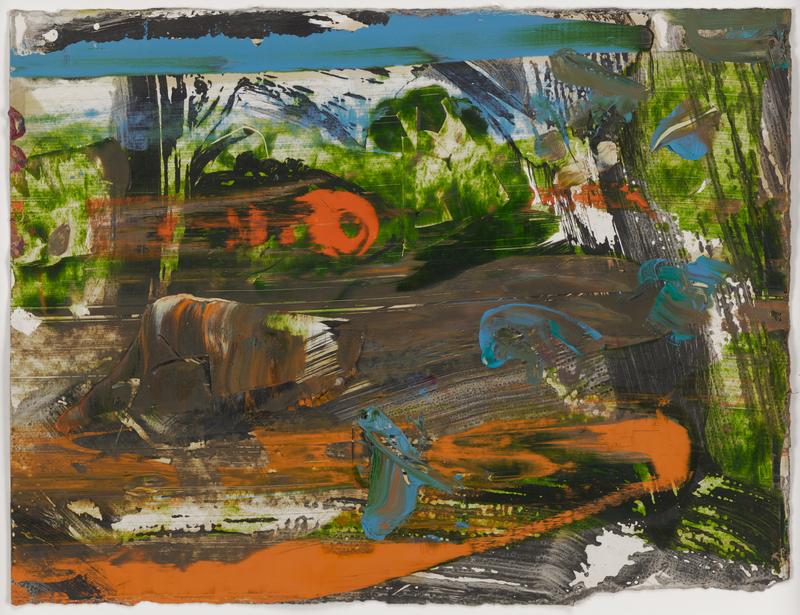 Abstract image in multi-colored pigments; horizontal streak of blue across top edge; horizontal streak of orange that moves diagonally upwards to LRQ, and again moves back across bottom edge; spots of washy green; blobs of impasto at bottom C and in L